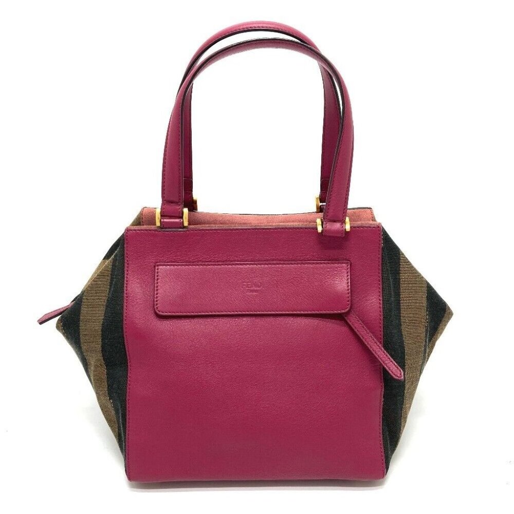 FENDI 8BN251 Pecan Duffle Bag Hand Bag Leather/Canvas Brown x Purple